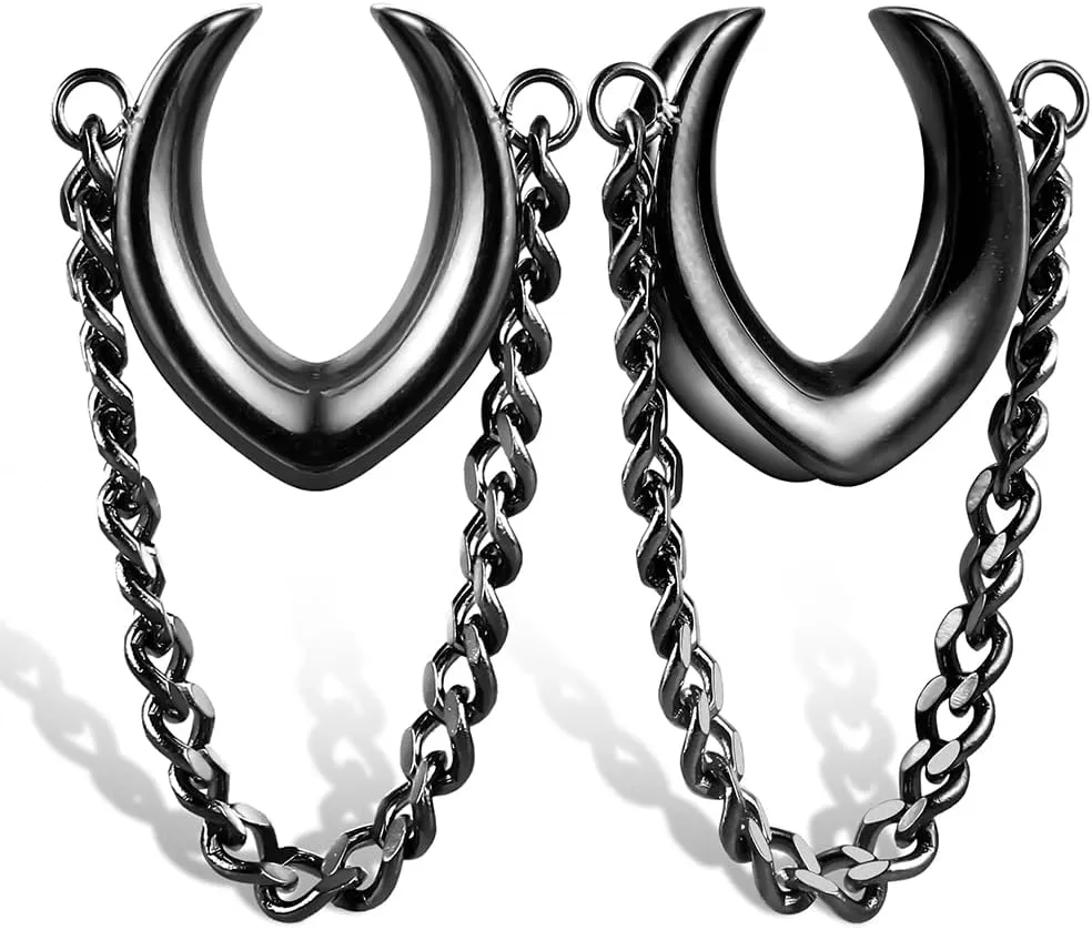 1 Pair Classic Saddle with Chain for Stretched Ears Hypoallergenic 316 Stainless Steel Ear cuff Tunels 00G 8mm-25mm (0G-1") Body Piercing Jewelry