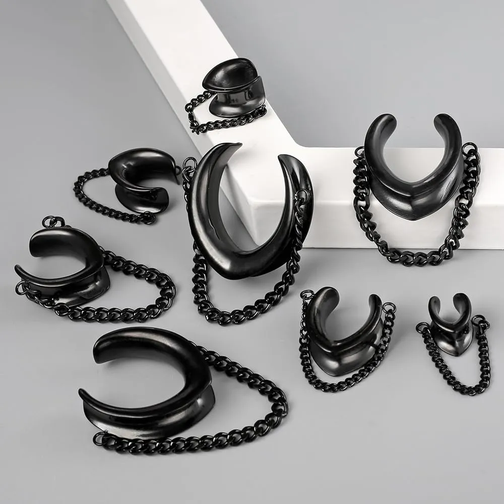 1 Pair Classic Saddle with Chain for Stretched Ears Hypoallergenic 316 Stainless Steel Ear cuff Tunels 00G 8mm-25mm (0G-1") Body Piercing Jewelry