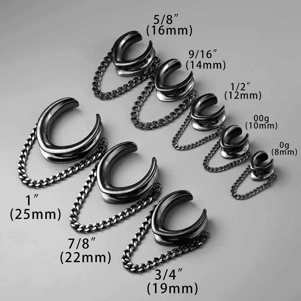 1 Pair Classic Saddle with Chain for Stretched Ears Hypoallergenic 316 Stainless Steel Ear cuff Tunels 00G 8mm-25mm (0G-1") Body Piercing Jewelry