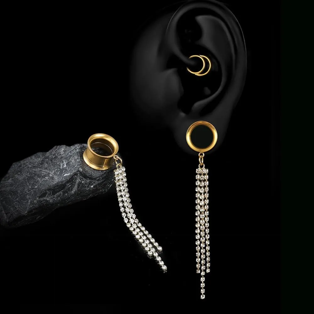 1 Pair saddle gauges Crystal Dangle earrings Ear Tunnels Plugs 316 Stainless Steel Ear Weight Plugs Hypoallergenic expander Piercing Body Jewelry