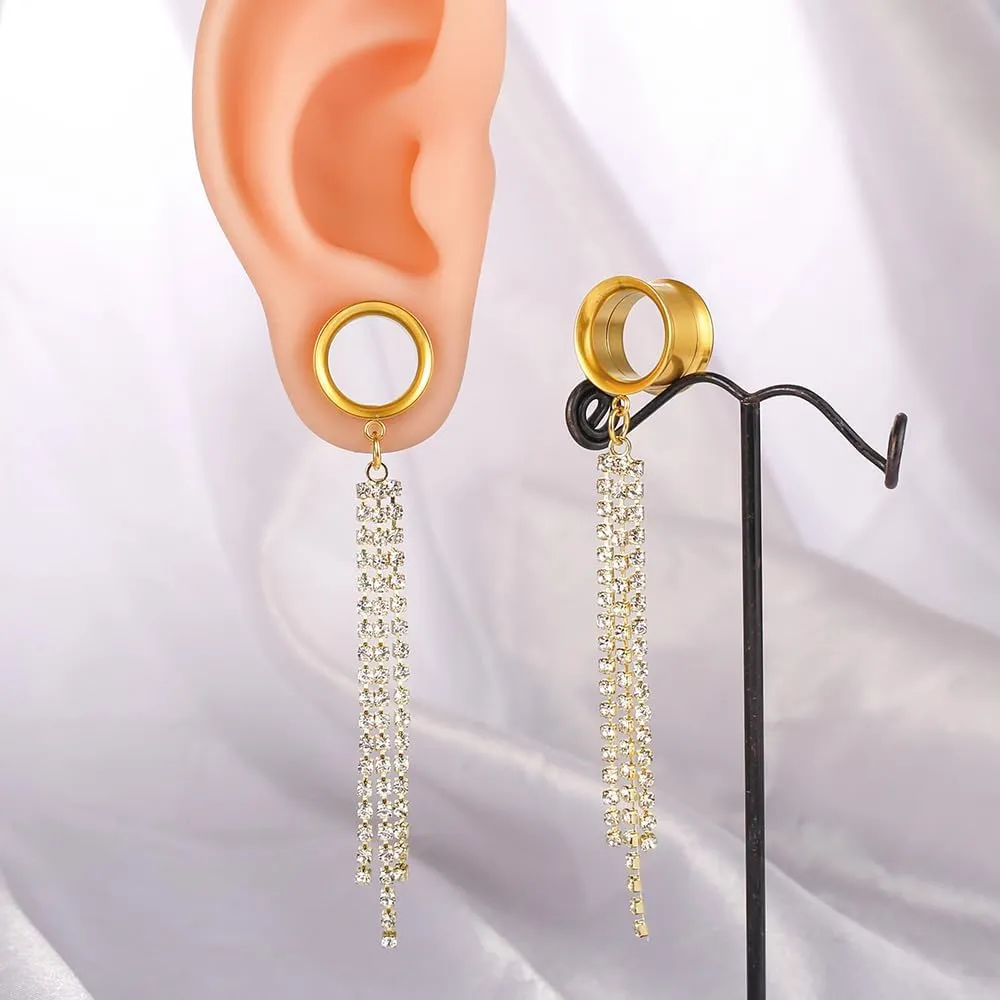1 Pair saddle gauges Crystal Dangle earrings Ear Tunnels Plugs 316 Stainless Steel Ear Weight Plugs Hypoallergenic expander Piercing Body Jewelry