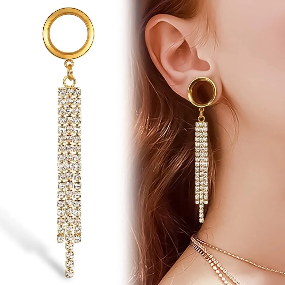 1 Pair saddle gauges Crystal Dangle earrings Ear Tunnels Plugs 316 Stainless Steel Ear Weight Plugs Hypoallergenic expander Piercing Body Jewelry