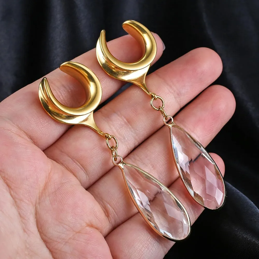 1 Pair saddle gauges Teardrop Crystal Dangle earrings Ear Tunnels Plugs 316 Stainless Steel Ear Weight Plugs Hypoallergenic expander Piercing Body Jewelry
