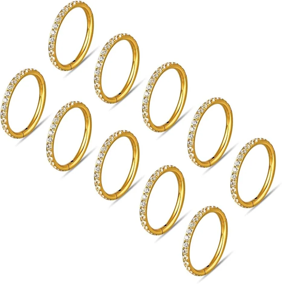 10 PCS Septum Rings Hoop with CZ, 16G/1.2*(6-8-10)mm earrings Surgical Stainless Steel ear gauges weight,Segment Nose Rings, Cartilage Clicker Hoop Earrings for Rook, Daith, Tragus,Gold Silver