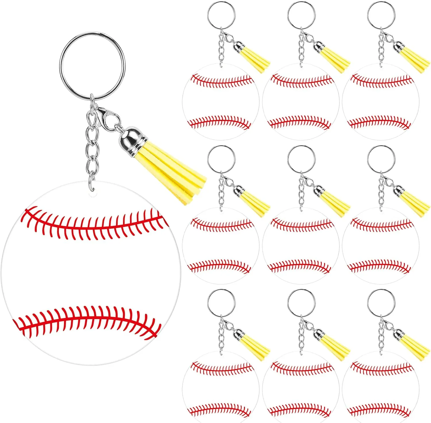 10 Set Baseball Acrylic Keychains Bulk kit,Blanks Keychain with Fringe,Decorative Keyrings Boys Girls Fans Team Baseball Party Gifts (White)