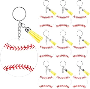 10 Set Baseball Acrylic Keychains Bulk kit,Blanks Keychain with Fringe,Decorative Keyrings Boys Girls Fans Team Baseball Party Gifts (White)