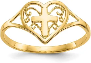 10k Solid Yellow Gold Polished Love Heart With Religious Faith Cross Ring Size 6.75 - Jewelry Gift for Mom
