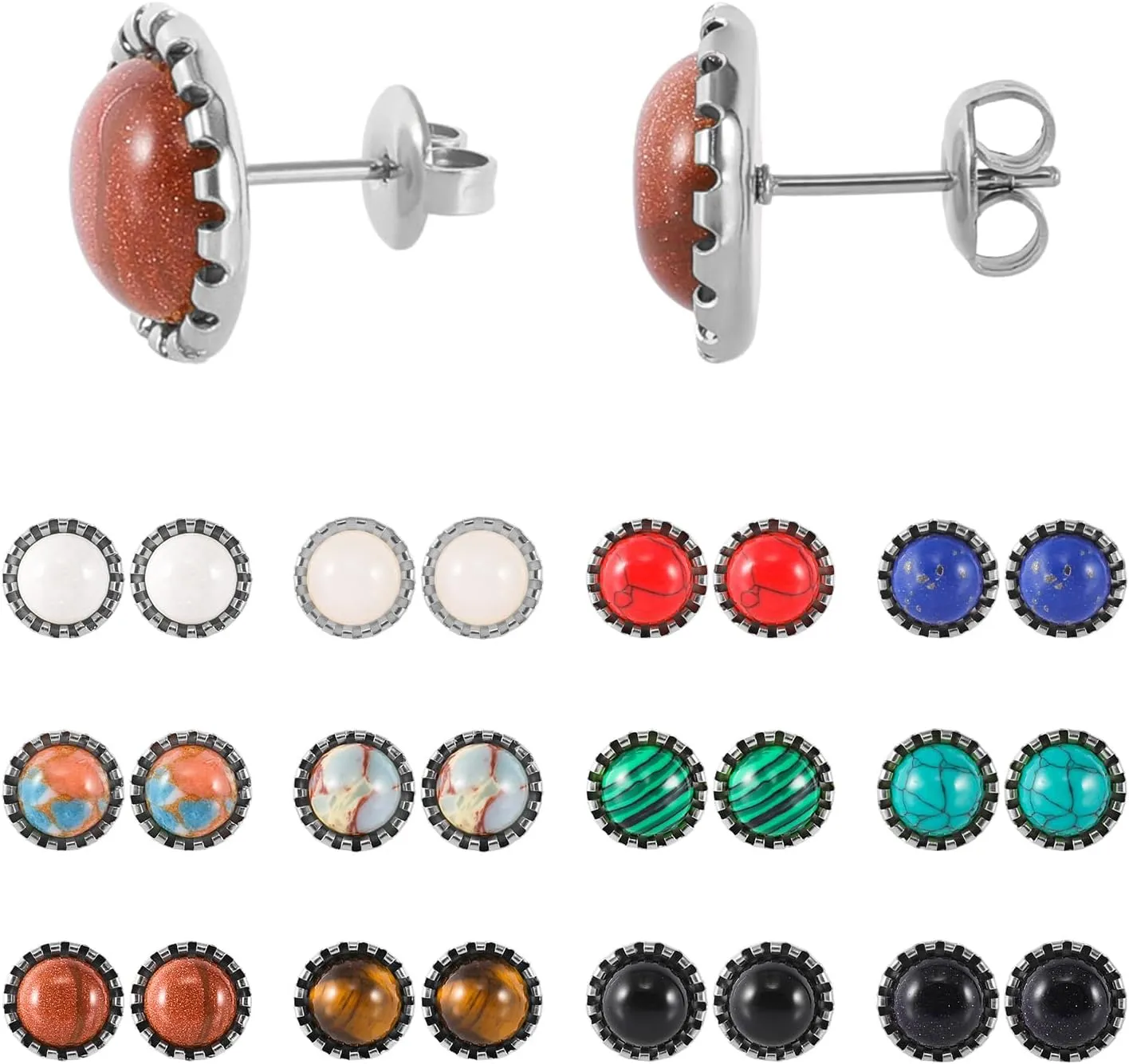 12 Pairs Multi Gemstone Stud Earrings Gold Plated Stainless Steel Turquoise Tiger Eye Onyx Lapis Lazuli Malachite Stone Stud Earrings Set for Women