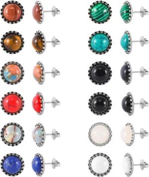 12 Pairs Multi Gemstone Stud Earrings Gold Plated Stainless Steel Turquoise Tiger Eye Onyx Lapis Lazuli Malachite Stone Stud Earrings Set for Women