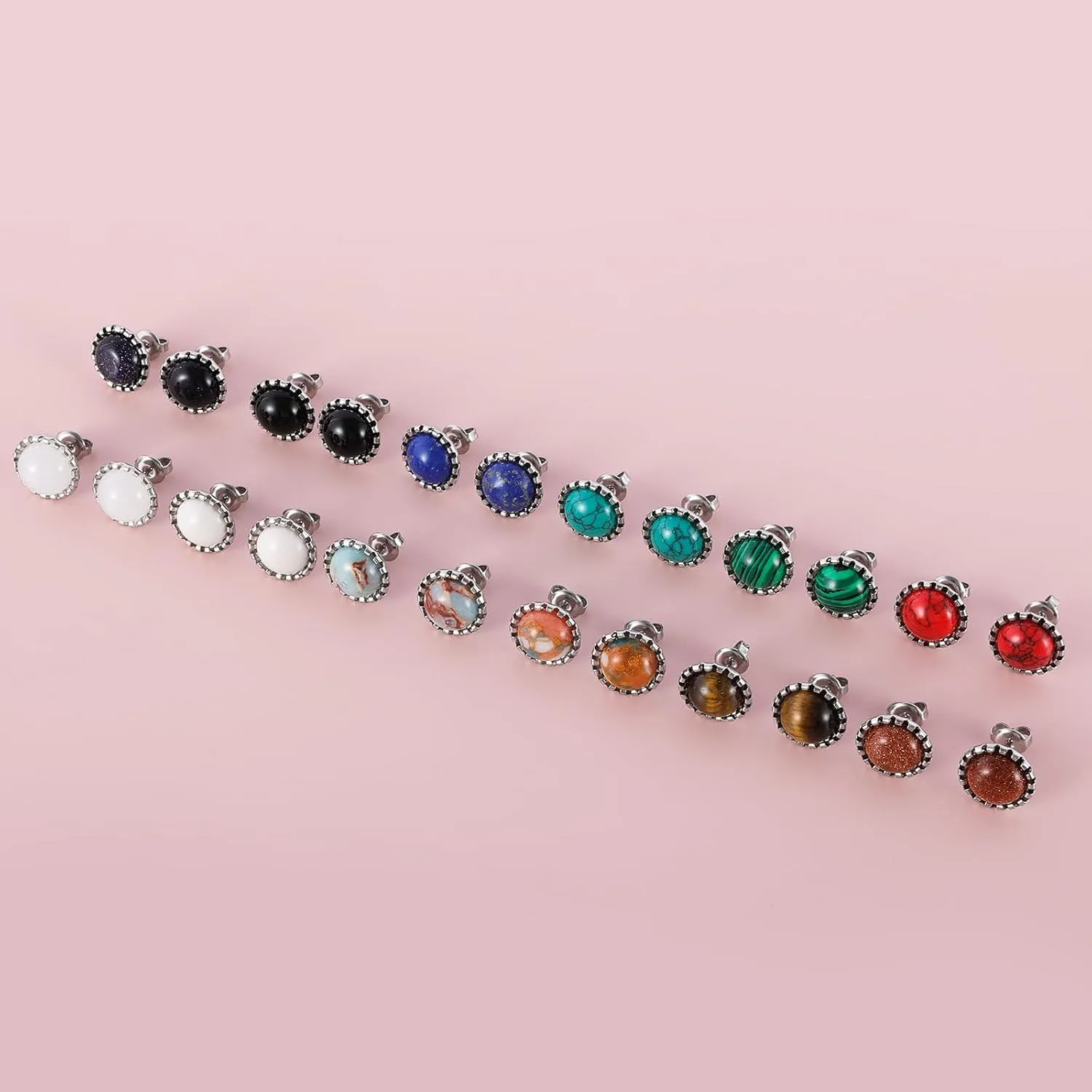 12 Pairs Multi Gemstone Stud Earrings Gold Plated Stainless Steel Turquoise Tiger Eye Onyx Lapis Lazuli Malachite Stone Stud Earrings Set for Women