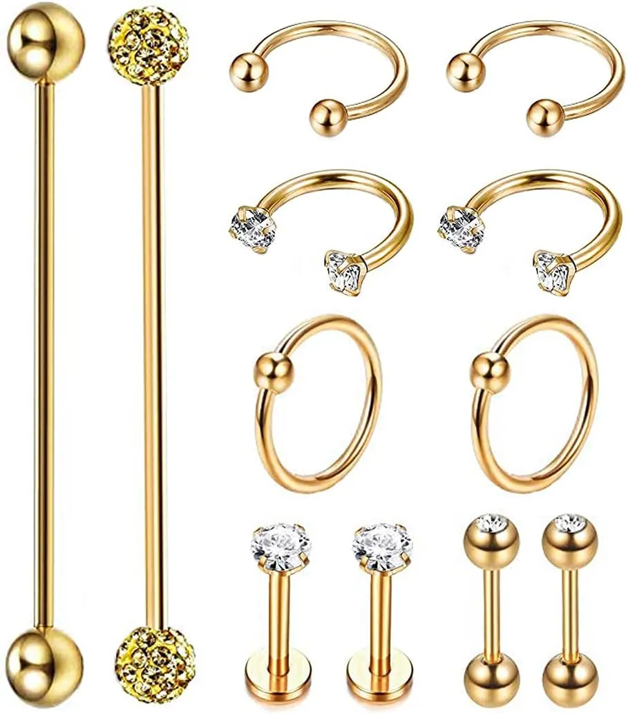 12Pcs Stainless Steel Industrial Barbell Cartilage Piercing Earrings for Women Men Hoop Helix Tragus Labret Piercing