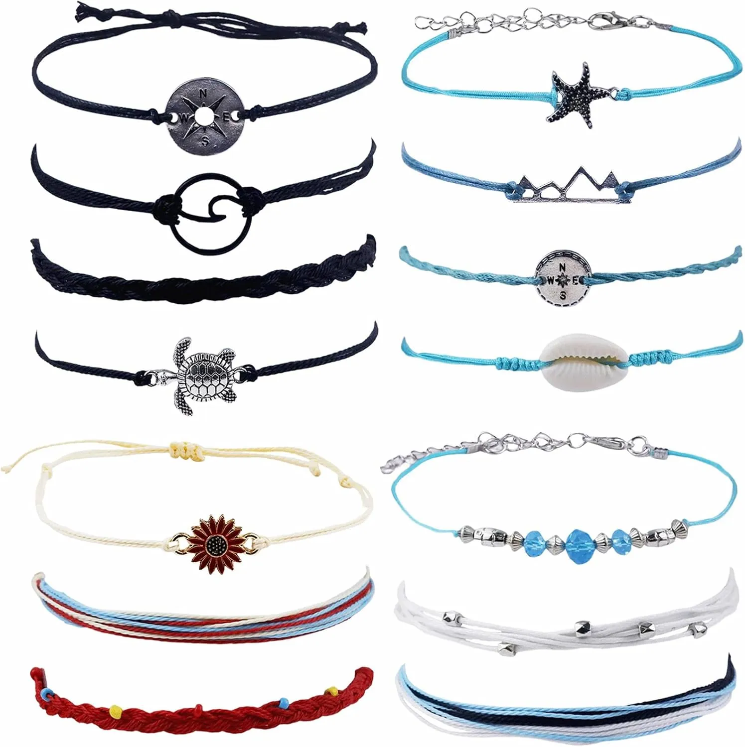 14 Pcs Surfer Wave Bracelet Ocean Wave Adjustable Waterproof Beaded Bracelets Handmade Friendship beach Anklets for Women Girls