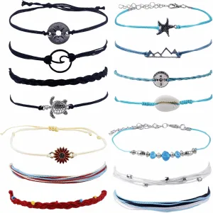 14 Pcs Surfer Wave Bracelet Ocean Wave Adjustable Waterproof Beaded Bracelets Handmade Friendship beach Anklets for Women Girls