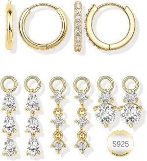 14K Gold Plated 925 Sterling Silver Post Hoop Earrings Dangle Charms : 10 Pcs Hypoallergenic Dainty Huggie Earring for Women - Gold Hoops 5A Clear CZ Trendy Long Dangling Jewelry