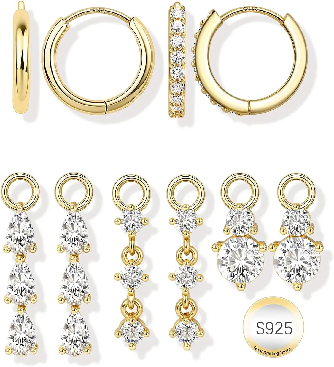 14K Gold Plated 925 Sterling Silver Post Hoop Earrings Dangle Charms : 10 Pcs Hypoallergenic Dainty Huggie Earring for Women - Gold Hoops 5A Clear CZ Trendy Long Dangling Jewelry