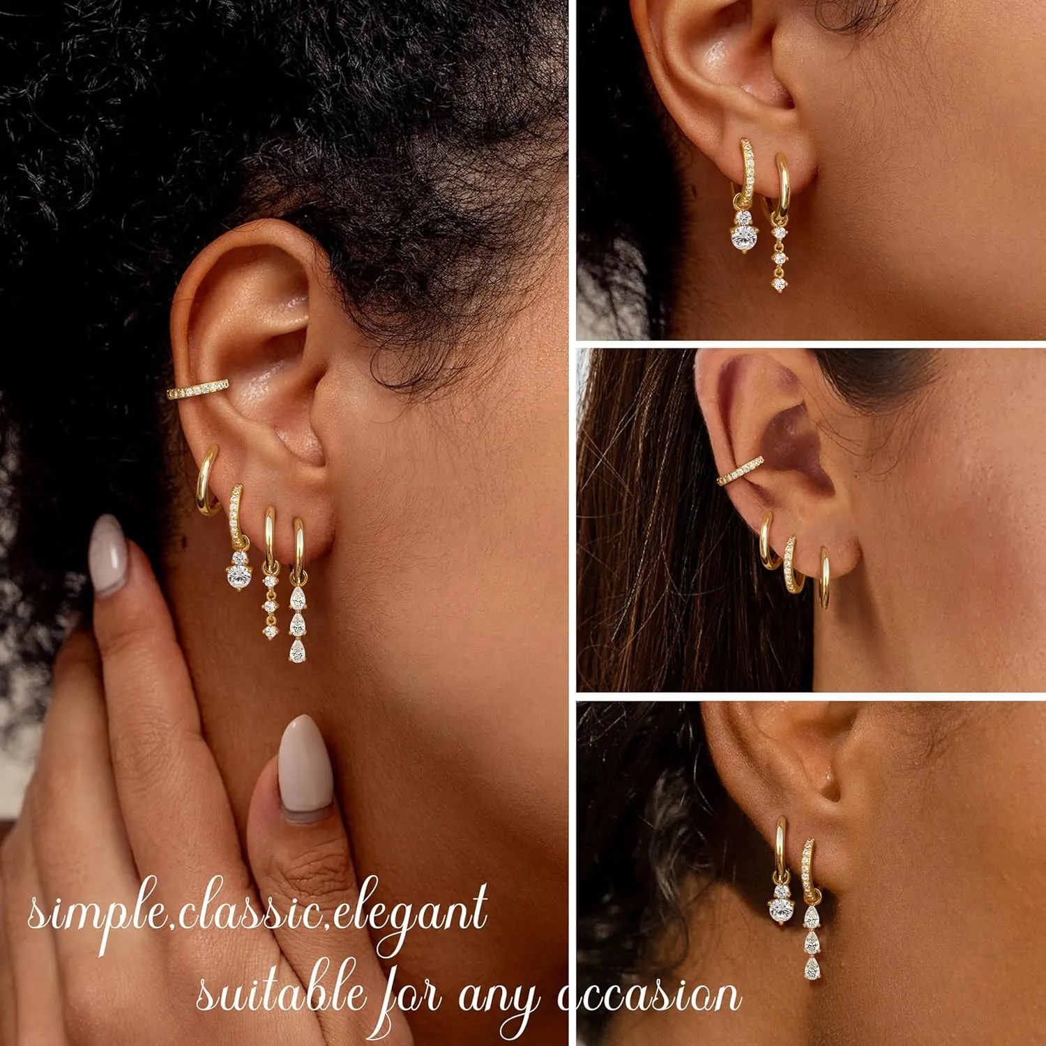 14K Gold Plated 925 Sterling Silver Post Hoop Earrings Dangle Charms : 10 Pcs Hypoallergenic Dainty Huggie Earring for Women - Gold Hoops 5A Clear CZ Trendy Long Dangling Jewelry