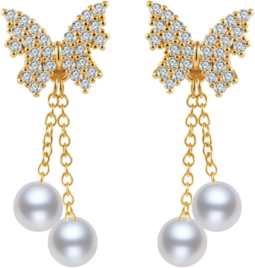 14K Gold Plated 925 Sterling Silver Posts Bow Earrings for Women, Cubic Zirconia Butterfly Stud Earrings, Hypoallergenic Earrings Fashion Jewelry Gifts for Women