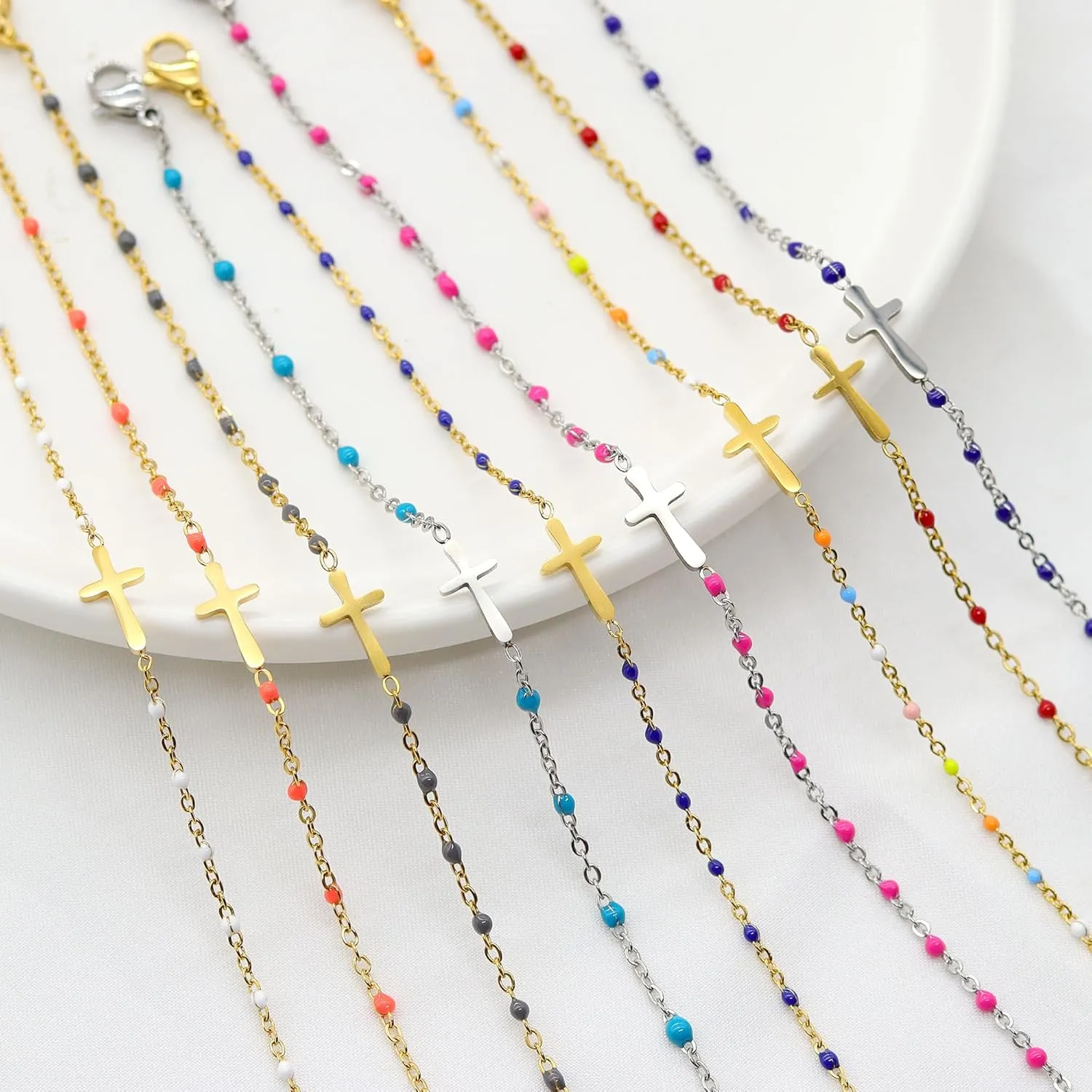 14K Gold Plated Cross Beaded Bracelet for Women, Religious Faith Cross Adjustable Stainless Steel Bracelet Link Chain Bracelet Confirmation Jewelry Gifts for Women