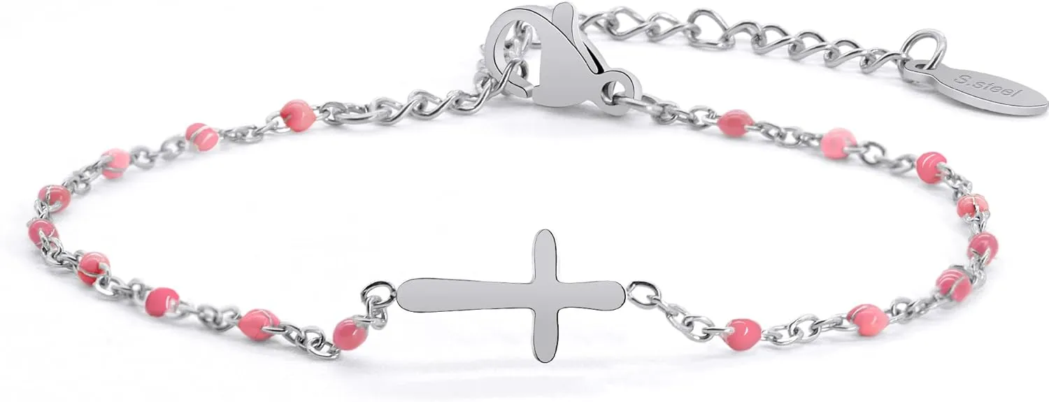 14K Gold Plated Cross Beaded Bracelet for Women, Religious Faith Cross Adjustable Stainless Steel Bracelet Link Chain Bracelet Confirmation Jewelry Gifts for Women