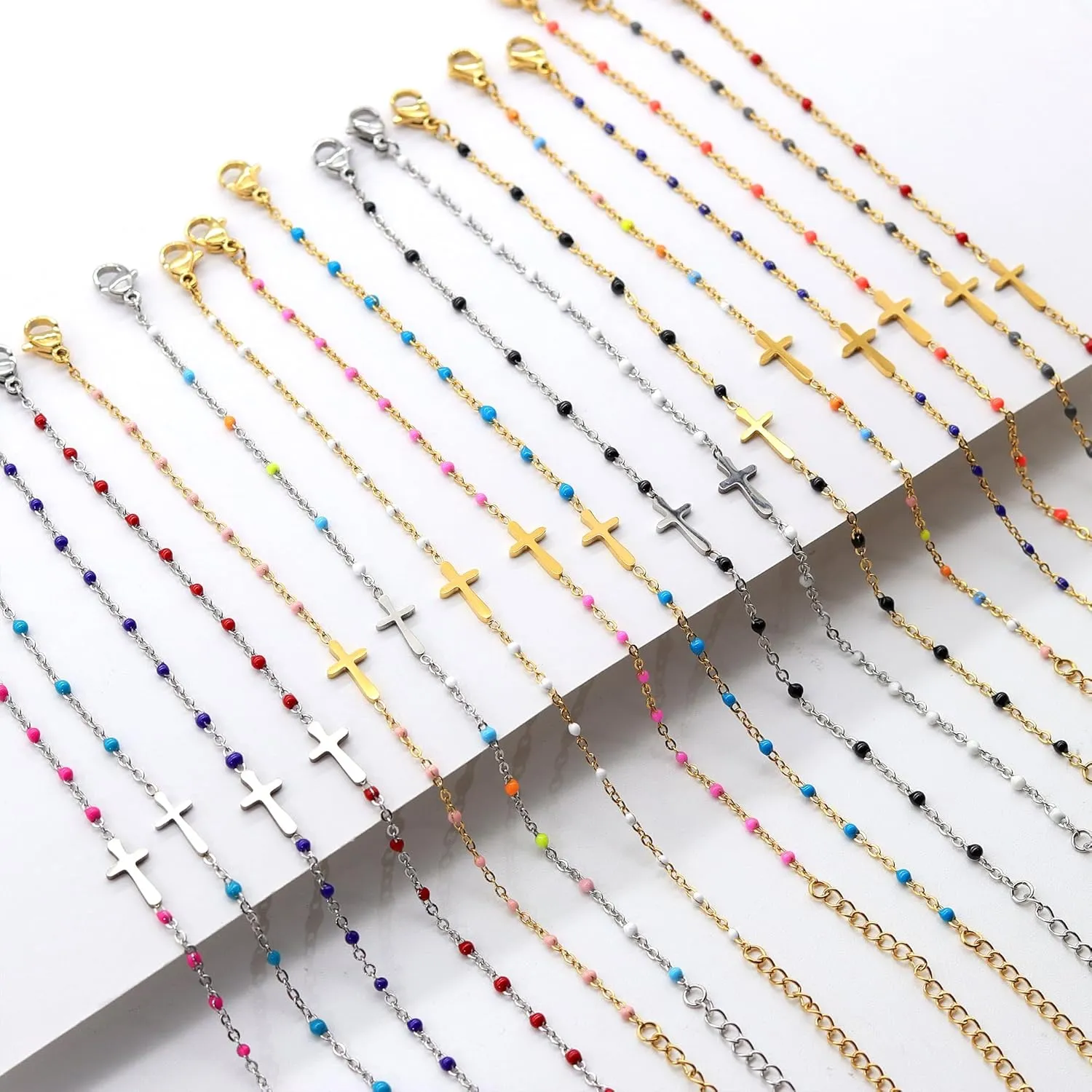 14K Gold Plated Cross Beaded Bracelet for Women, Religious Faith Cross Adjustable Stainless Steel Bracelet Link Chain Bracelet Confirmation Jewelry Gifts for Women