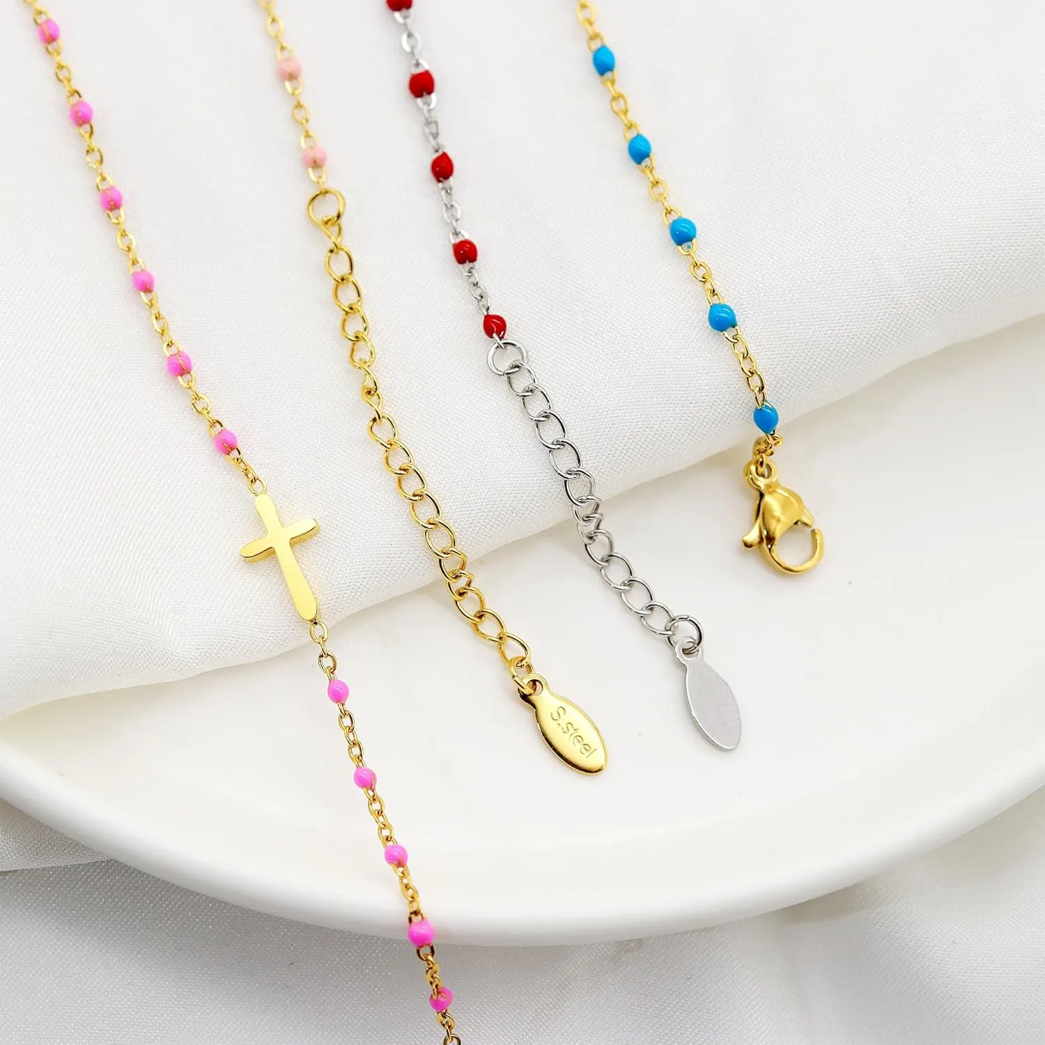 14K Gold Plated Cross Beaded Bracelet for Women, Religious Faith Cross Adjustable Stainless Steel Bracelet Link Chain Bracelet Confirmation Jewelry Gifts for Women