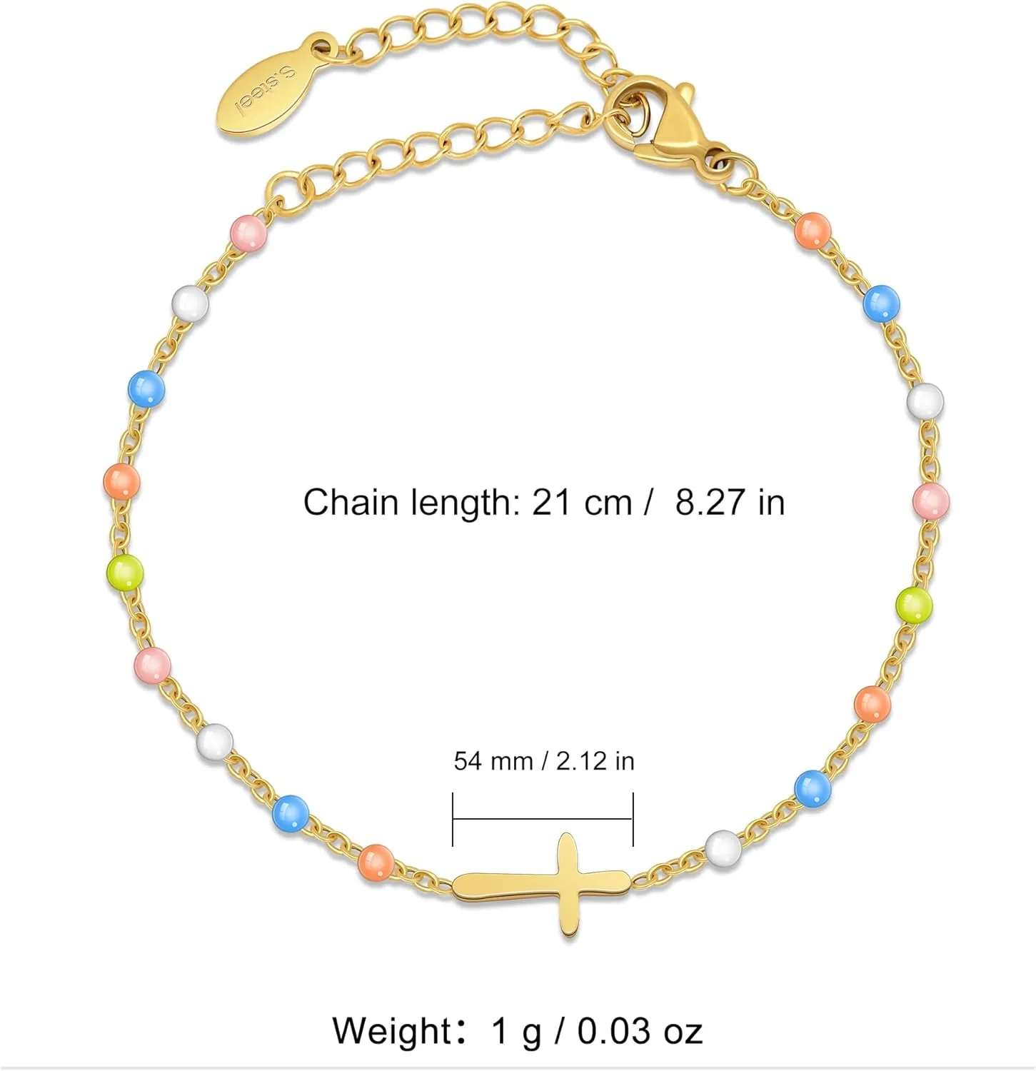 14K Gold Plated Cross Beaded Bracelet for Women, Religious Faith Cross Adjustable Stainless Steel Bracelet Link Chain Bracelet Confirmation Jewelry Gifts for Women