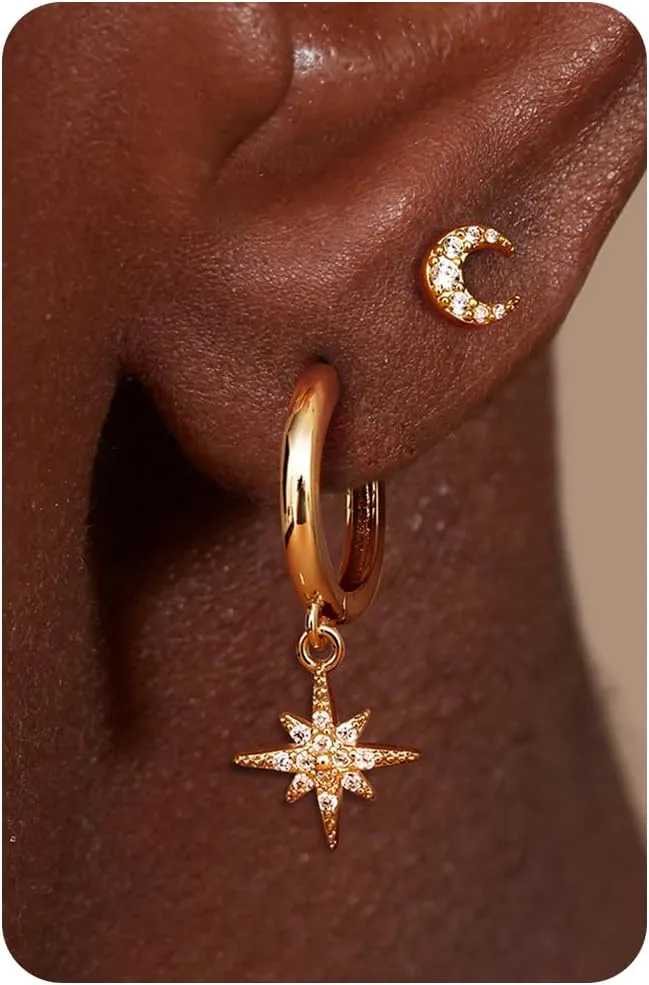 14K Gold Plated Sterling Silver Earrings Set : Small Stud Hoop Earring Stacks for Cartilage Hypoallergenic Earring Sets for Multiple Piercing Dainty Gold Earrings Jewelry for Women 2/3 Pair