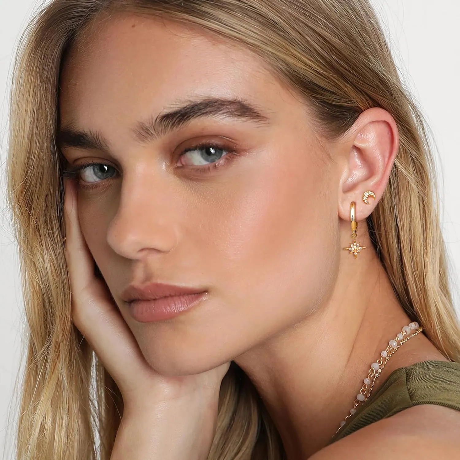 14K Gold Plated Sterling Silver Earrings Set : Small Stud Hoop Earring Stacks for Cartilage Hypoallergenic Earring Sets for Multiple Piercing Dainty Gold Earrings Jewelry for Women 2/3 Pair