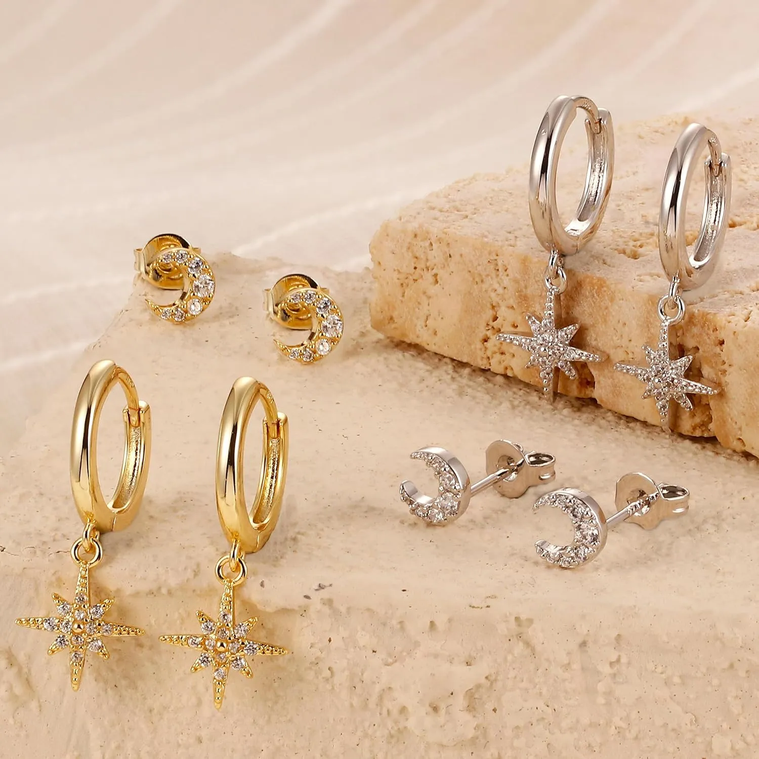 14K Gold Plated Sterling Silver Earrings Set : Small Stud Hoop Earring Stacks for Cartilage Hypoallergenic Earring Sets for Multiple Piercing Dainty Gold Earrings Jewelry for Women 2/3 Pair