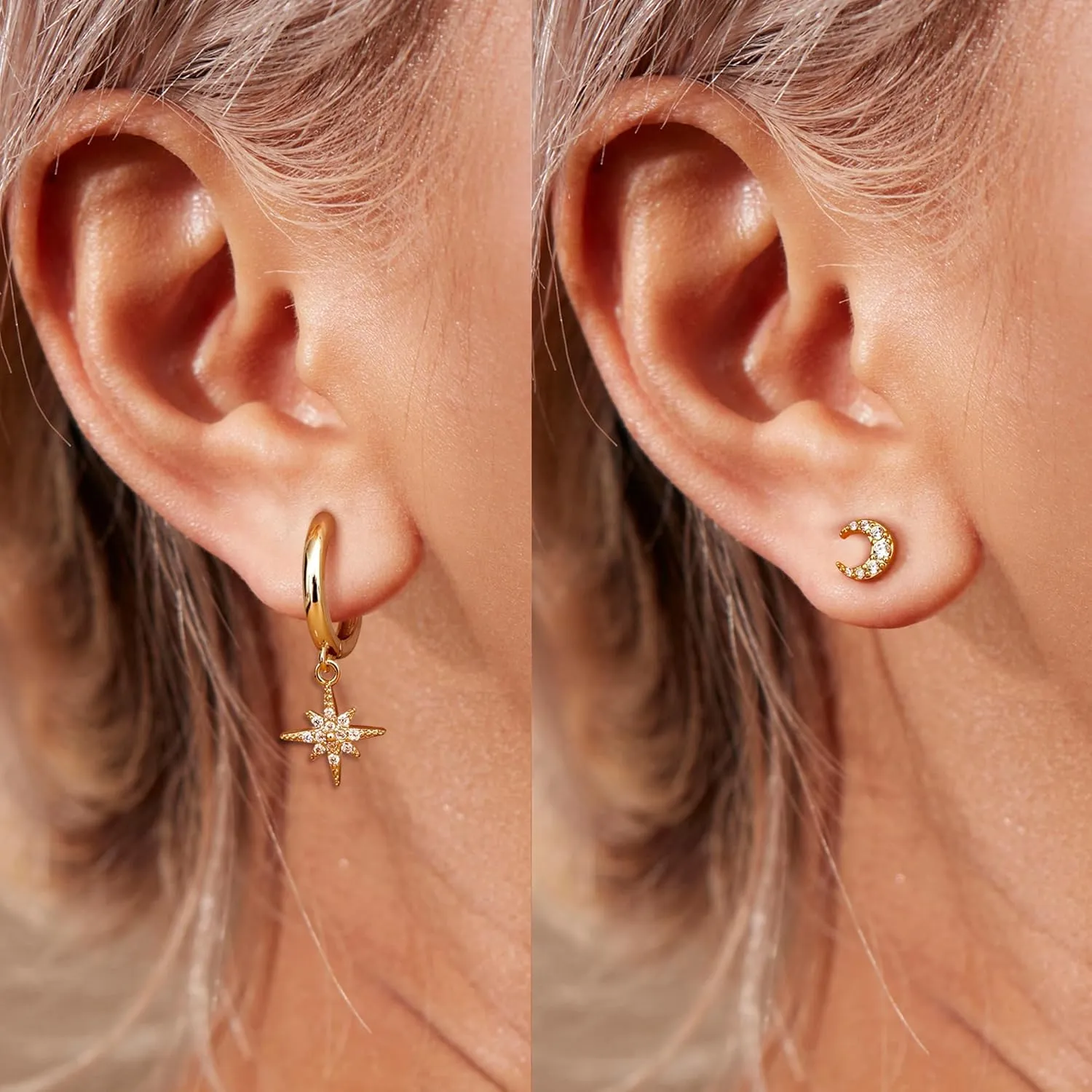14K Gold Plated Sterling Silver Earrings Set : Small Stud Hoop Earring Stacks for Cartilage Hypoallergenic Earring Sets for Multiple Piercing Dainty Gold Earrings Jewelry for Women 2/3 Pair