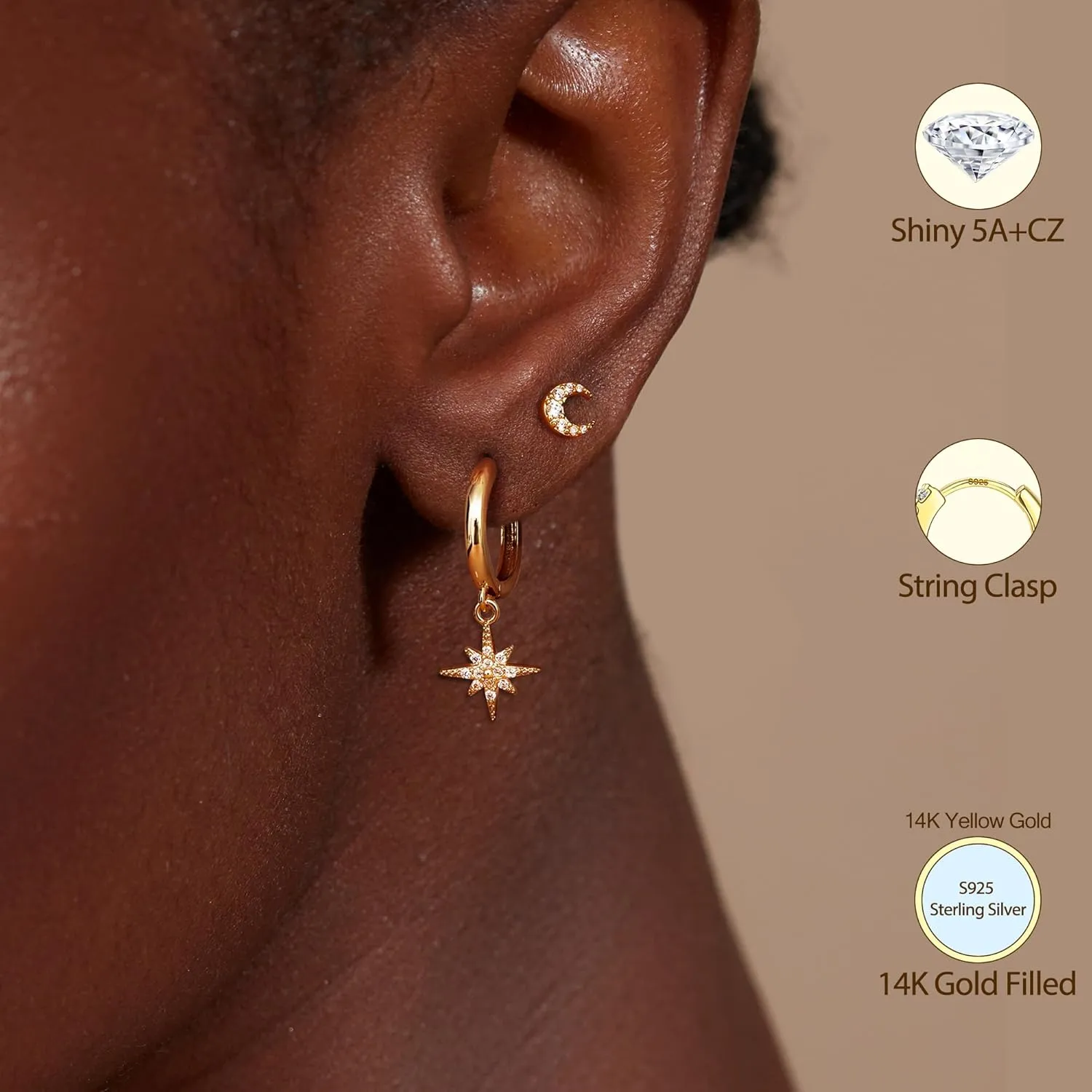 14K Gold Plated Sterling Silver Earrings Set : Small Stud Hoop Earring Stacks for Cartilage Hypoallergenic Earring Sets for Multiple Piercing Dainty Gold Earrings Jewelry for Women 2/3 Pair