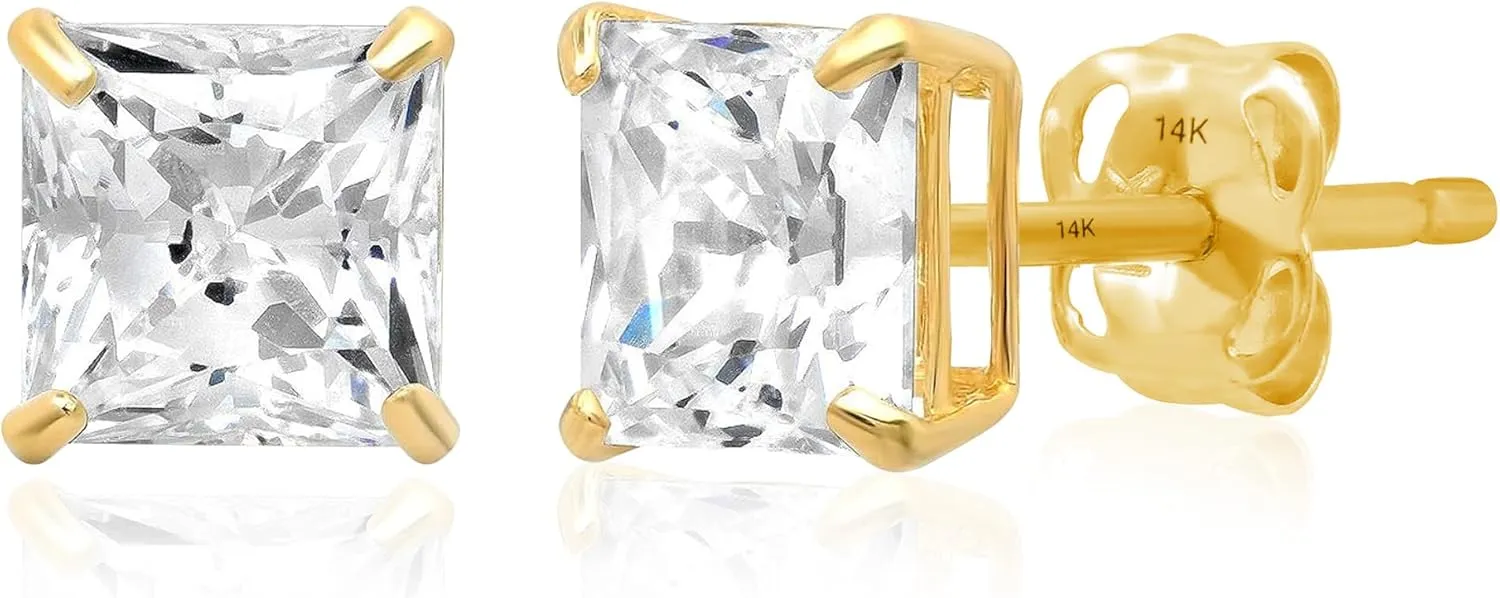 14K Gold Princess Cut CZ Stud Earrings for Women & Men | Cubic Zirconia Earrings Studs | 4MM-7MM CZ Gold Earrings by MAX   STONE