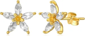 14K Real Solid Gold Crystal Flower Stud Earrings for Women Girls Gifts Her Screw Back Floral Sutd 8.5mm, Yellow