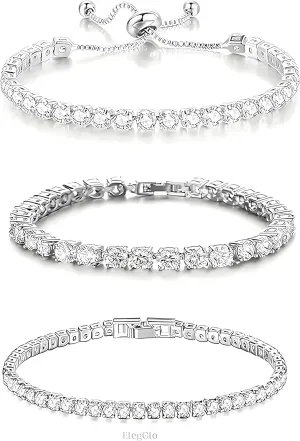 14K Silver Plated Tennis Bracelet Set Cubic Zirconia Classic Adjustable Bracelet Silver Bracelets for Women Birthday Mother's Day Wedding Gift