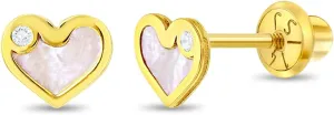 14k Yellow Gold Clear Cubic Zirconia & Mother Pearl Heart Screw Backs Earrings for Girls - Safety Back Earrings for Children