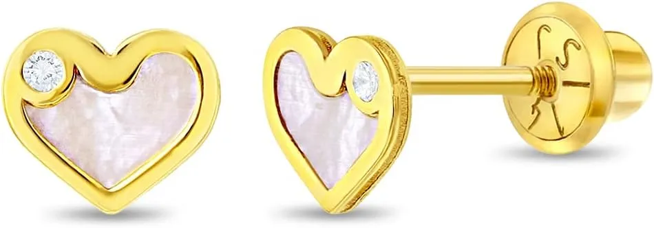 14k Yellow Gold Clear Cubic Zirconia & Mother Pearl Heart Screw Backs Earrings for Girls - Safety Back Earrings for Children