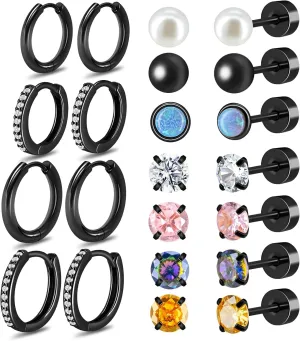 15 Pairs Earrings for Men, Stainless Steel Mens Stud Earrings Set Hypoallergenic Cross Dangle Hoop Earrings Fashion Piercing Jewelry Gift for Men Women