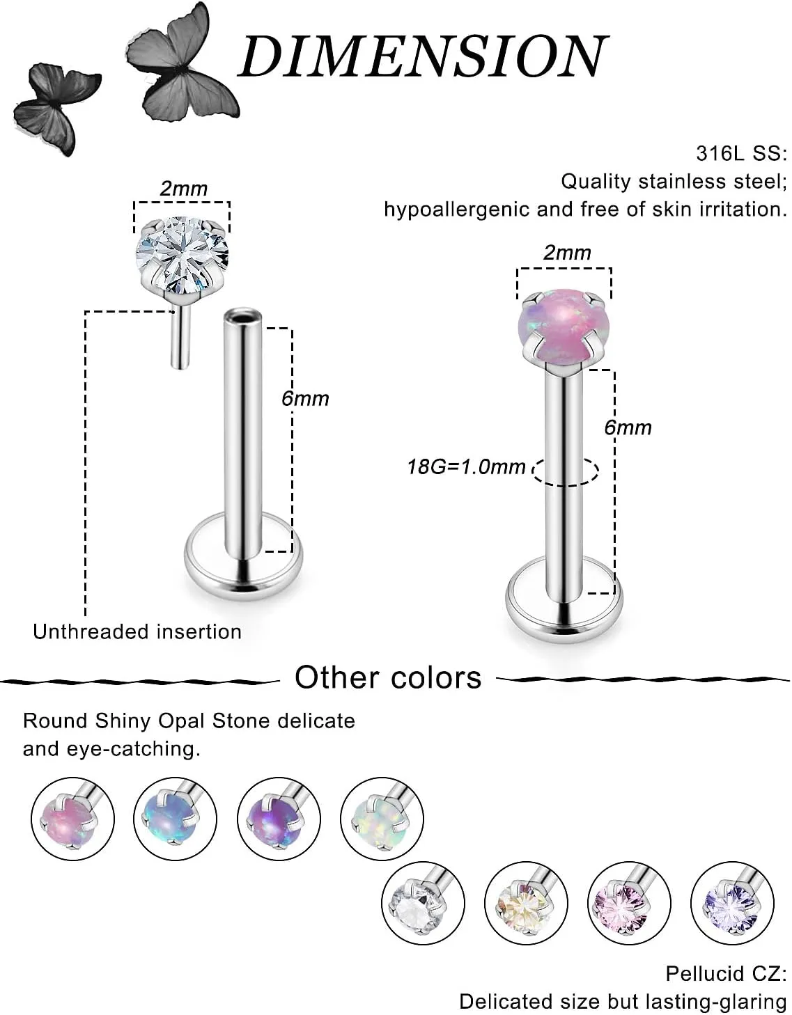 16G 18G 20G Threadless Push in Lip Rings for Women Stainless Steel Labret Jewelry Monroe Lip Ring Medusa Piercing Jewelry Tragus Helix Cartilage Earring Piercing Jewelry for Women Opal CZ