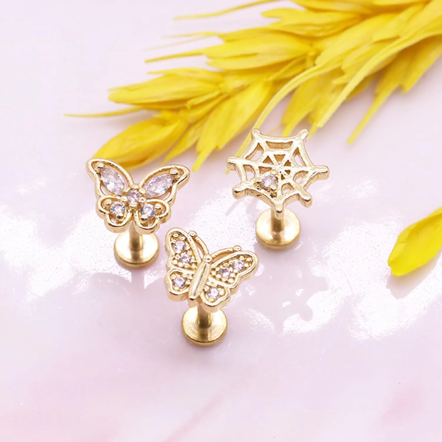 16G 316L Surgical Steel Push in Ear Rings Butterfly Nose Ring Studs for Women Men Leaf Lip Rings Top Pushin Threadless Flat Back Lobe Helix, Tragus, Conch Cartilage Earring Piercing 