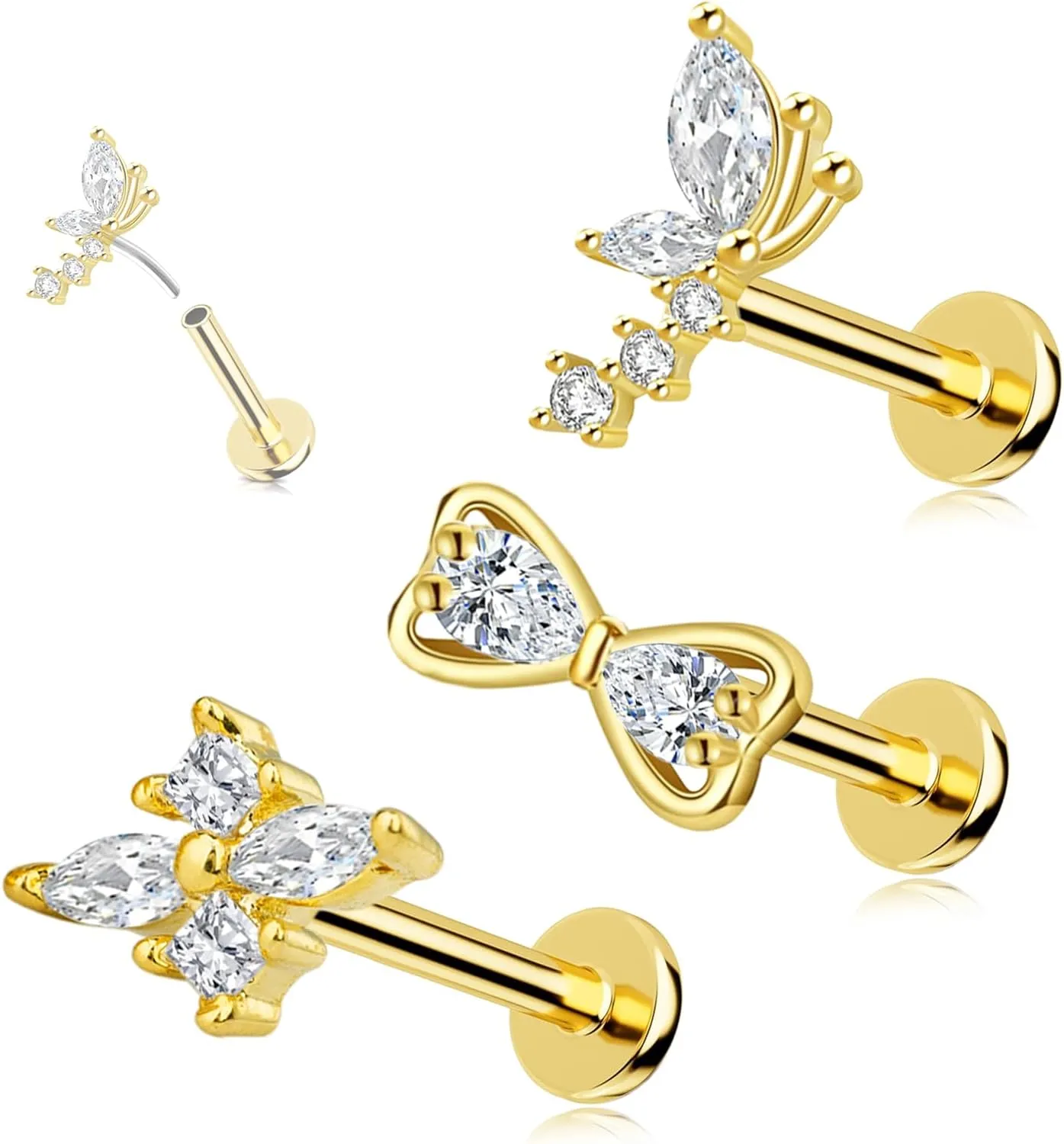 16G 316L Surgical Steel Push in Ear Rings Butterfly Nose Ring Studs for Women Men Leaf Lip Rings Top Pushin Threadless Flat Back Lobe Helix, Tragus, Conch Cartilage Earring Piercing 