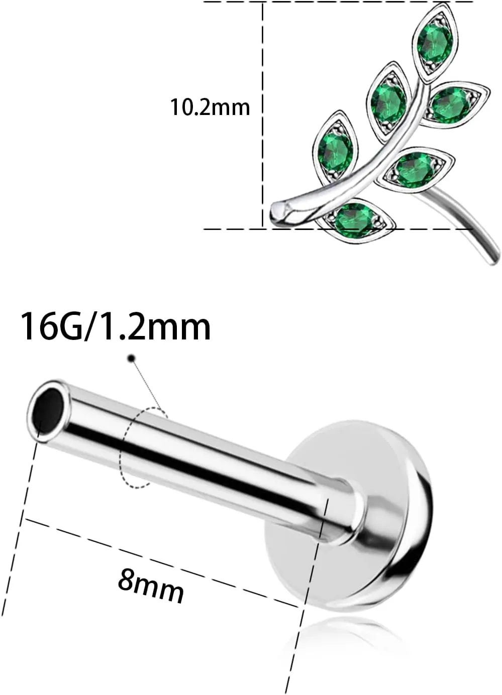 16G 316L Surgical Steel Push in Ear Rings Butterfly Nose Ring Studs for Women Men Leaf Lip Rings Top Pushin Threadless Flat Back Lobe Helix, Tragus, Conch Cartilage Earring Piercing 