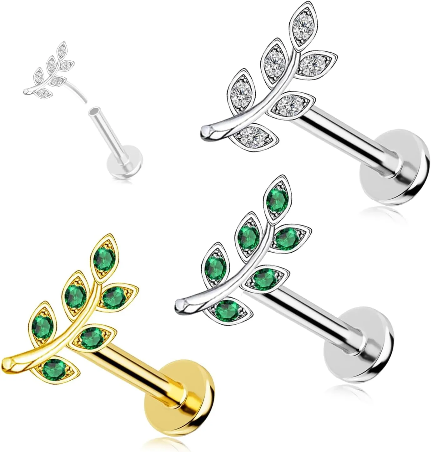 16G 316L Surgical Steel Push in Ear Rings Butterfly Nose Ring Studs for Women Men Leaf Lip Rings Top Pushin Threadless Flat Back Lobe Helix, Tragus, Conch Cartilage Earring Piercing 