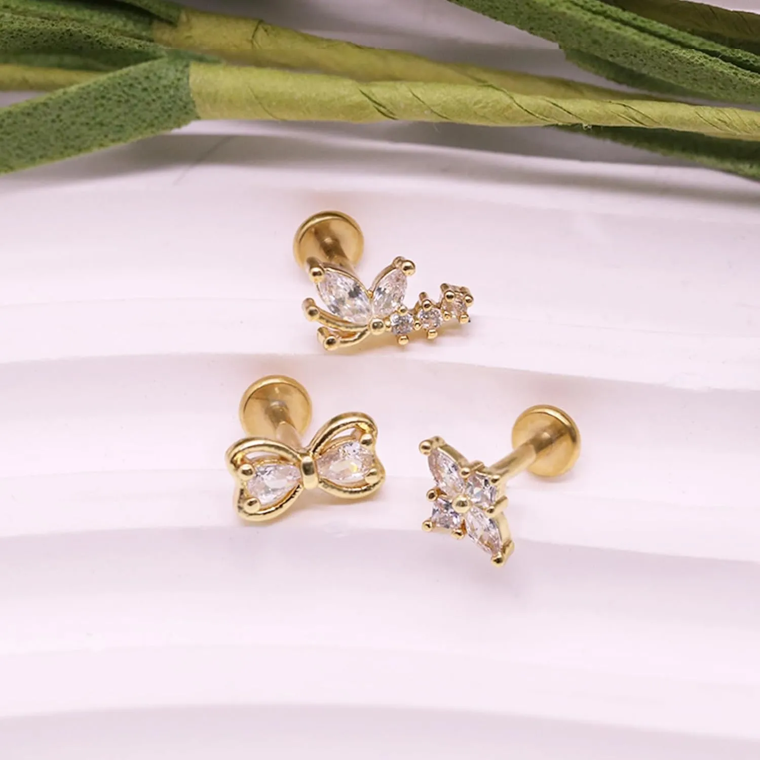 16G 316L Surgical Steel Push in Ear Rings Butterfly Nose Ring Studs for Women Men Leaf Lip Rings Top Pushin Threadless Flat Back Lobe Helix, Tragus, Conch Cartilage Earring Piercing 
