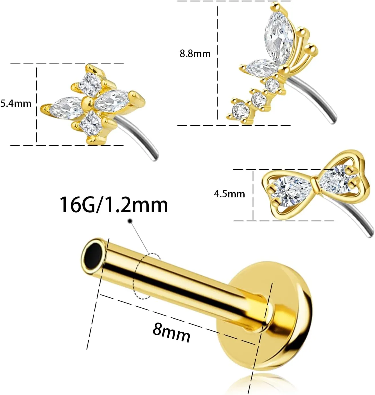 16G 316L Surgical Steel Push in Ear Rings Butterfly Nose Ring Studs for Women Men Leaf Lip Rings Top Pushin Threadless Flat Back Lobe Helix, Tragus, Conch Cartilage Earring Piercing 