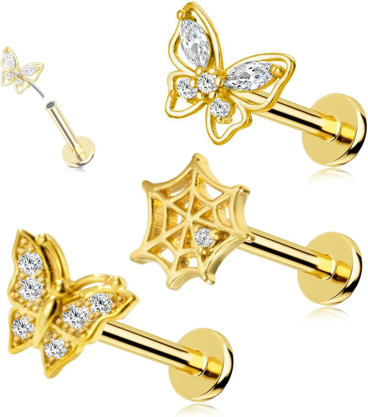 16G 316L Surgical Steel Push in Ear Rings Butterfly Nose Ring Studs for Women Men Leaf Lip Rings Top Pushin Threadless Flat Back Lobe Helix, Tragus, Conch Cartilage Earring Piercing 