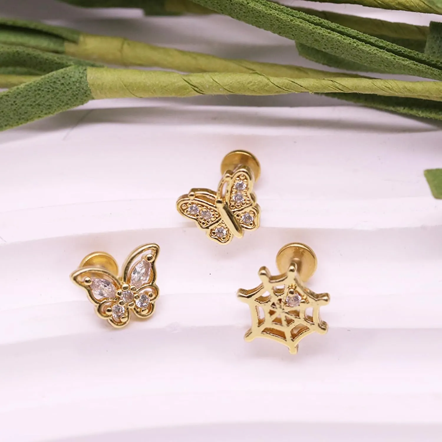 16G 316L Surgical Steel Push in Ear Rings Butterfly Nose Ring Studs for Women Men Leaf Lip Rings Top Pushin Threadless Flat Back Lobe Helix, Tragus, Conch Cartilage Earring Piercing 