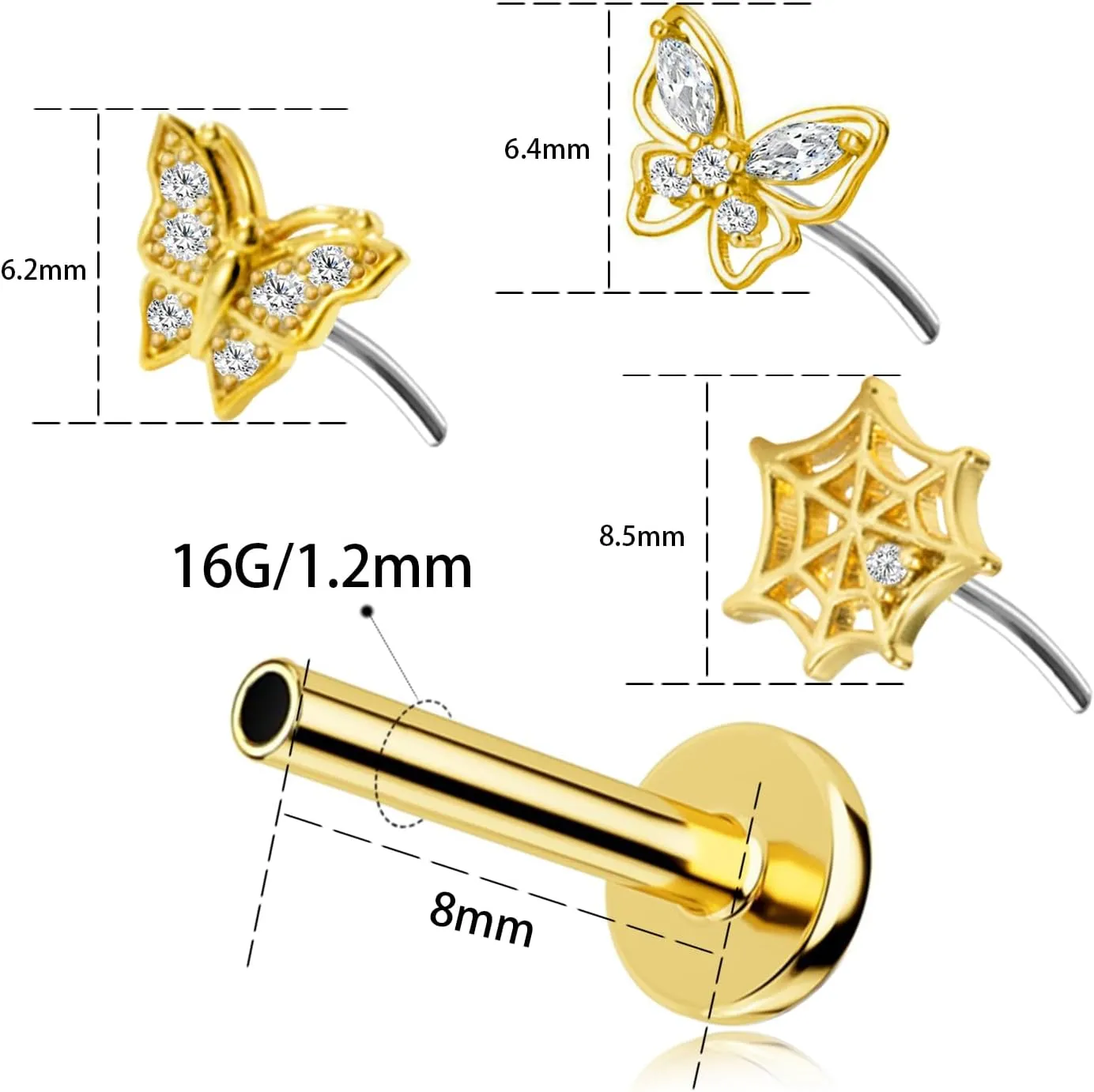 16G 316L Surgical Steel Push in Ear Rings Butterfly Nose Ring Studs for Women Men Leaf Lip Rings Top Pushin Threadless Flat Back Lobe Helix, Tragus, Conch Cartilage Earring Piercing 