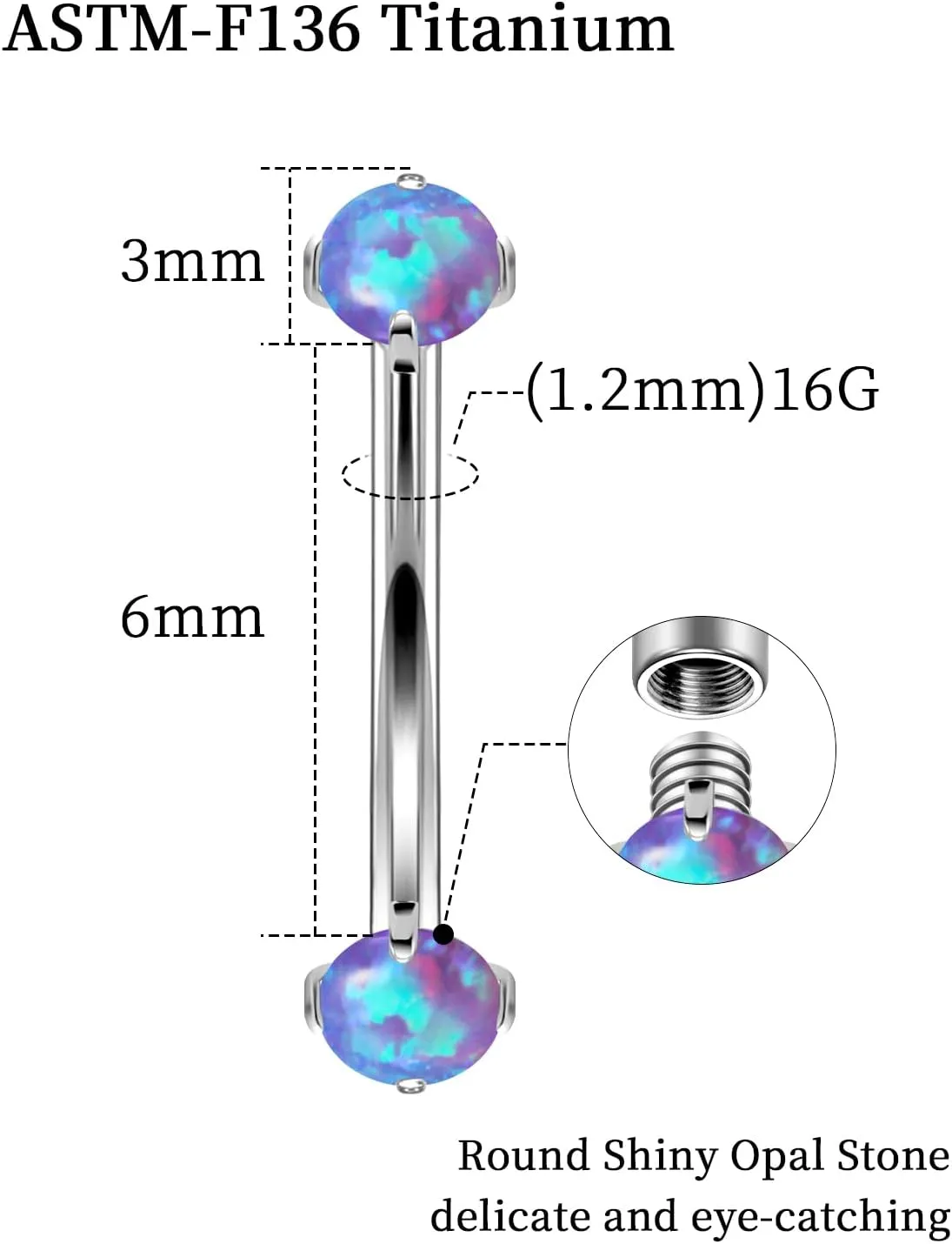 16G Astm F136 Titanium Eyebrow Piercing Jewelry Curved Barbell Eyebrow Ring Vertical Labret Lip Jewelry Daith Rook Earrings Navel Small Belly Button Ring Piercing Jewelry for Women Men Opal