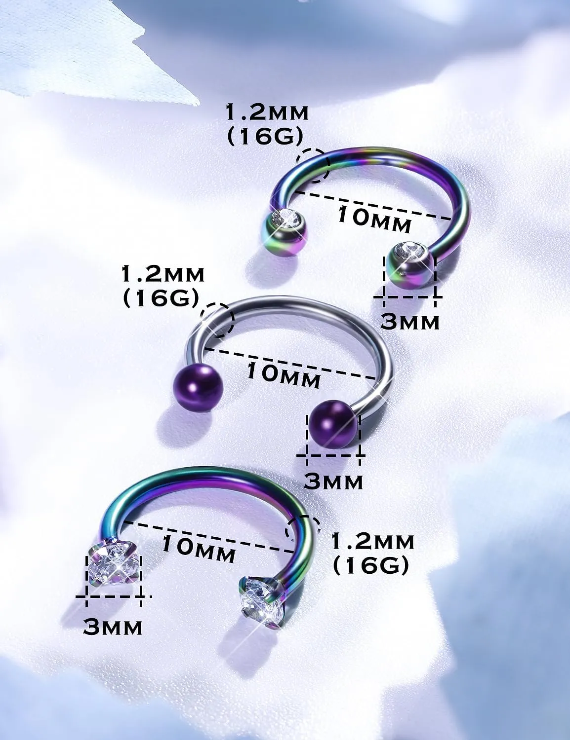 16g Surgical Steel Septum Ring - 10mm Horseshoe Septum Jewelry - Hypoallergenic Clicker Silver & Black - In Velvet Bag