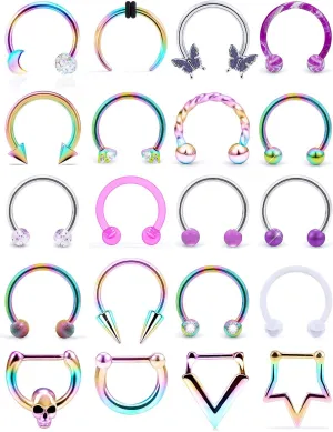 16g Surgical Steel Septum Ring - 10mm Horseshoe Septum Jewelry - Hypoallergenic Clicker Silver & Black - In Velvet Bag